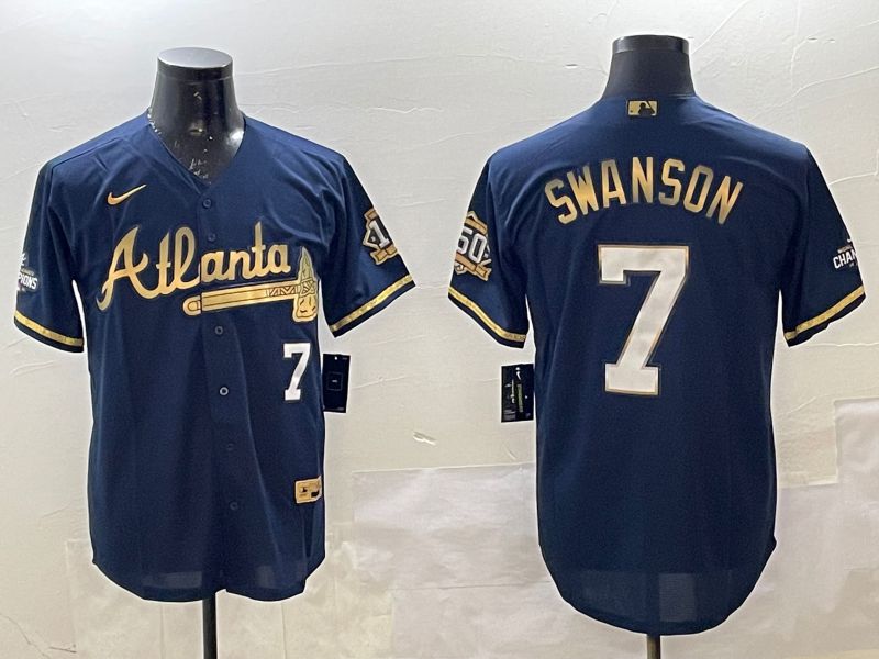 Men Atlanta Braves #7 Swanson Black Gold Game 2025 Nike MLB Jersey style 2